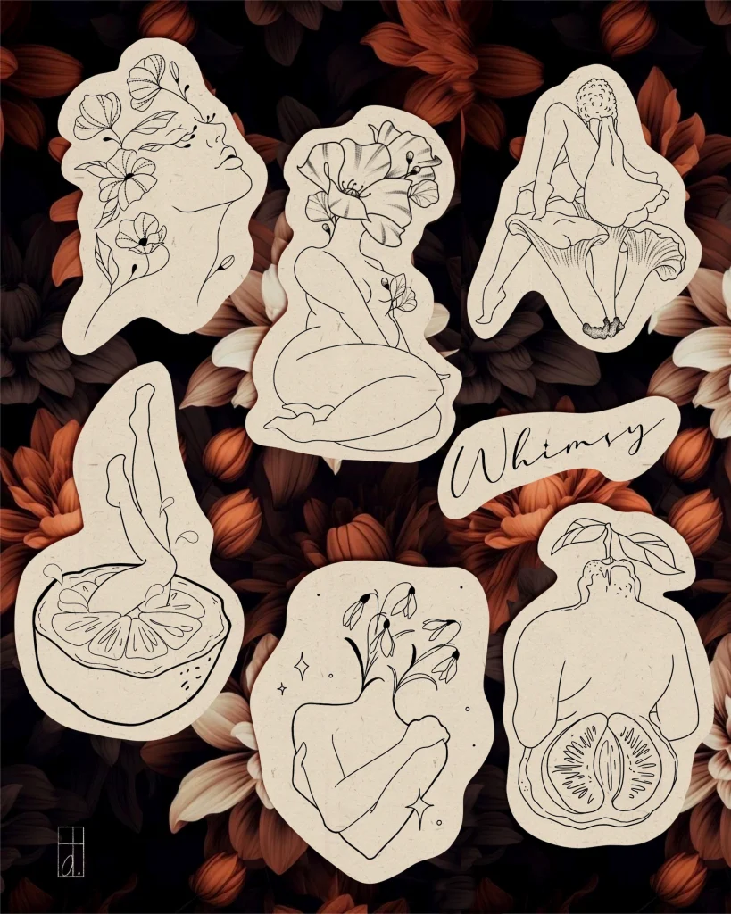 Botanical-pinup-ladies-divine-feminine-floral-whimsical-tattoo-flash